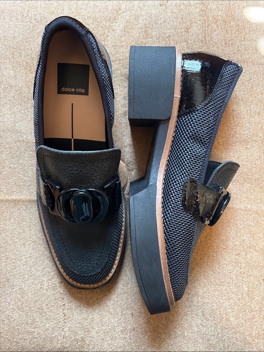 Dolce Vita Black Textured Loafers with Patent Buckle